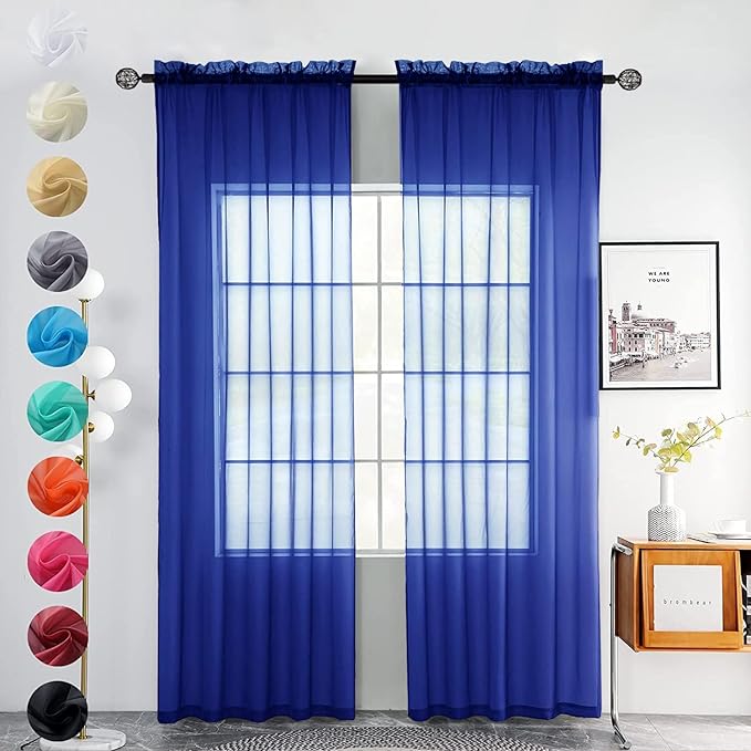 youleyar Solid Sheer Rod Pocket Curtain Voile Draperies 2 Panels White Beige Black Grey Coffee 52 Inch Width 108 Inch Long 1 Pair for Kitchen Bedroom Children Living Room Yard (Sapphire,52Wｘ108L)