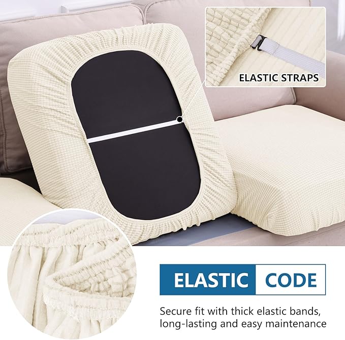 hyha Waterproof Couch Cushion Covers for Pets, Non Slip Sofa Seat Cover for Dogs Washable, Soft Thick Stretch Jacquard Fabric, Sofa Slipcovers with Elastic Bottom (1 Chaise+2 Seater, Light Beige)