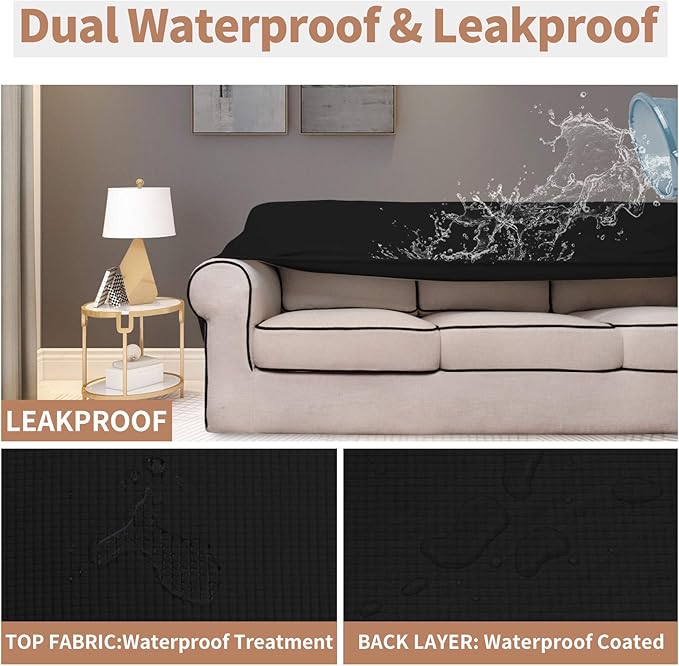 Easy-Going 100% Waterproof Oversized Chair Couch Cover, Dual Waterproof Sofa Cover, Stretch Jacquard Sofa Slipcover, Leakproof Furniture Protector for Kids, Pets, Dog and Cat, Black