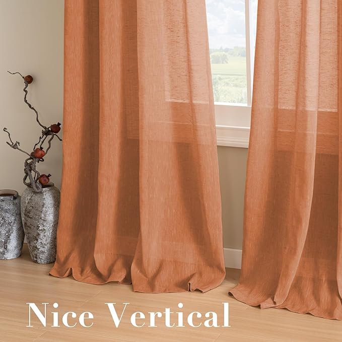 H.VERSAILTEX Linen Curtains Natural Linen Blended Curtain Panels for Living Room/Light Reducing Linen Semi Sheer Curtains 2 Panels Set Nickel Grommet Window Panels (52x96 Inch, Orange)