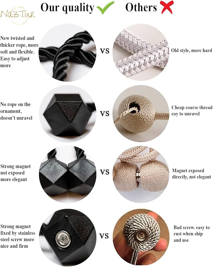 NazTur Magnetic Curtain Tiebacks- Upgrade 2022 with a Thicker Twist Rope & Strong Magnet Tieback Window Treatment Holdbacks Draperies Holders Decorative Drape Handmade Tie Back (Black, 4)