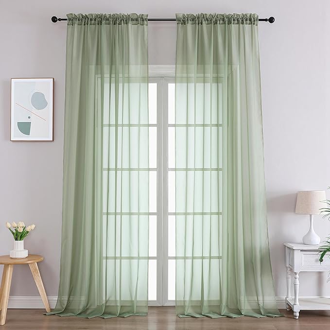 Gwine Sheer Sage Green Curtains 96 Inches Long 2 Panels Set, Light Filtering Voile Fimly Sheer Curtains for Living Room Bedroom, Elegant Soft Airy Rod Pocket Window Treatment, 59Wx96L Inch, 2PCS