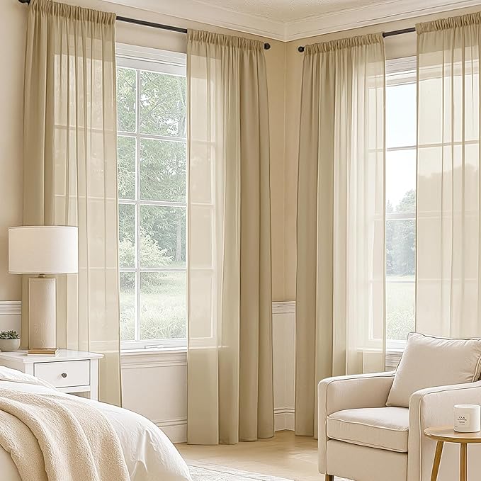 MIULEE Beige Sheer Curtains 63 Inches Long, 4 Panels Set, Rod Pocket Voile Drapes Light Filtering and Semi Transparent, Elegant Window Treatments for Bedroom Living Room,42 x 63 Inches