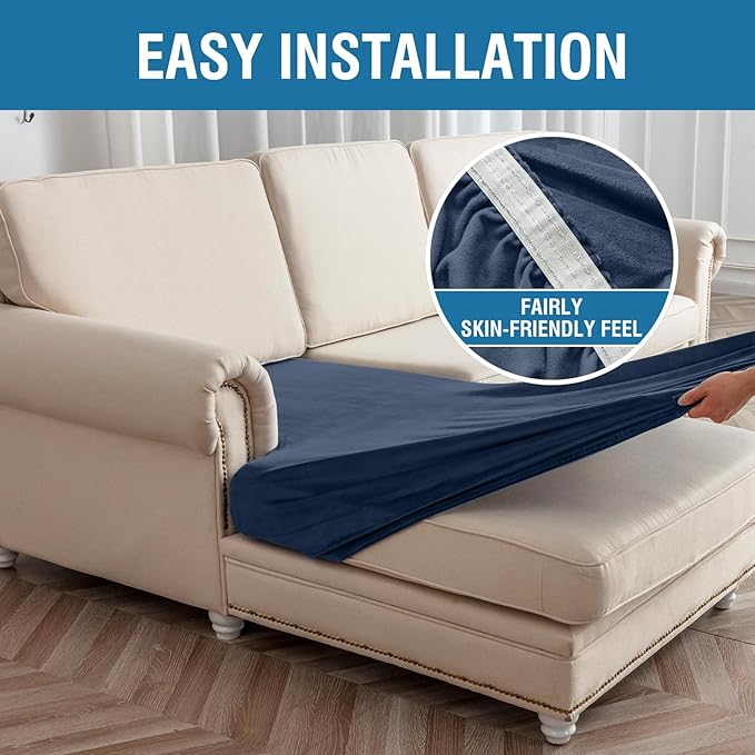 Couch Cover 3-Piece Elastic Velvet Couch Cushion Covers & Chaise Slipcovers for L-Shaped Sofas, Sofa Seat Covers Washable, Soft Cover for Couches (2 Seater + Chaise, Berlin Blue)