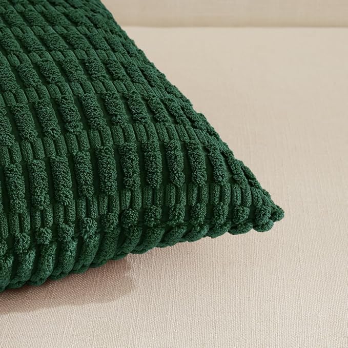 Fancy Homi Set of 4 Dark Green Boho Decorative Throw Pillow Covers 24x24 Inch for Couch Bed Sofa, Aesthetic Modern Bohemian Room Decor, Soft Fuzzy Fluffy Cozy Corduroy Textured Cushion Case 60x60cm