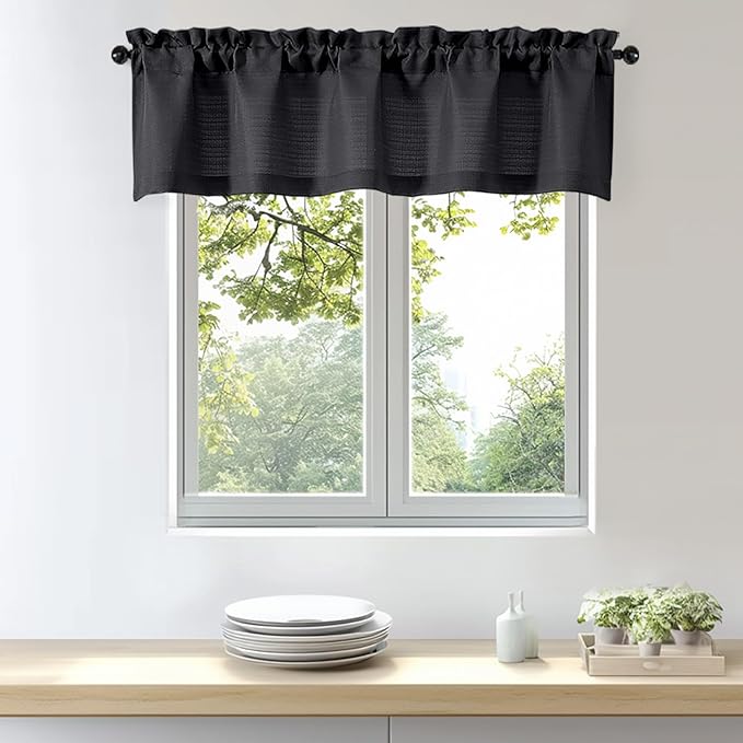 OWENIE Bob 1 PCS Black Valances for Windows, Faux Linen Textured Kitchen Window Curtains Valance for Bedroom Living Room, Modern Soft Airy Solid Rod Pocket Bathroom Cafe Curtain, 60Wx16L Inch