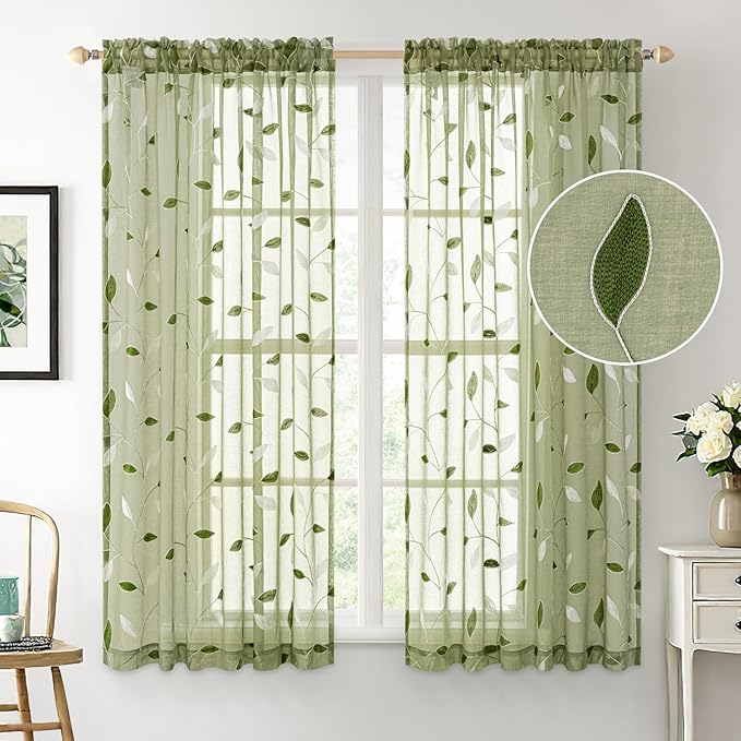MIULEE Sage Green Sheer Curtains 2 Panels Embroidered Leaf Patterned Rod Pocket Floral Semi Sheer Faux Linen Window Curtains Drapes Set for Living Room Bedroom Dining Room, 52x63 Inches Length