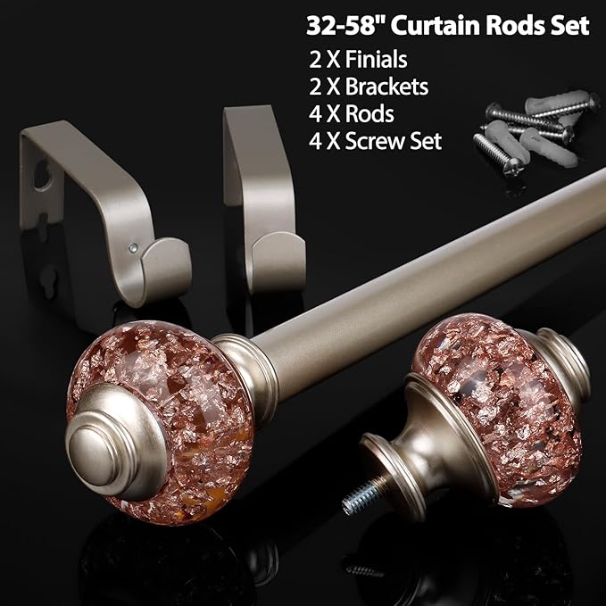 Curtain Rods 32 to 58 Inches (2.6-4.8ft), USFOOK 7/8 InchTelescoping Splicing Drapery Rods for Windows 20 to 54 Inch, Decorative Curtain Rod for Home Decor with Rose Gold Translucent Finials
