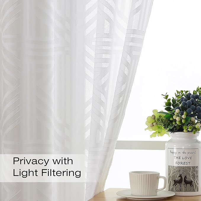 Simplebrand Semi Sheer White Curtains 96 Inches Long 2 Panels, Light Filtering Geometric Jacquard Clip Textured Sheer Curtains for Living Roon，Modern Elegant Window Curtains Drapes，52x96 inch