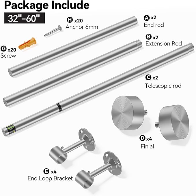 YaFex 2 Pack Heavy Duty Curtain Rods 32-60 Inch, 1 Inch Adjustable Curtain Rod for Windows, Silver Short Window Treatment Rods Set with Aluminium Finials, Modern Design