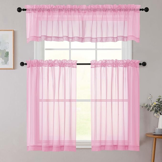 Kitchen Curtains 24 Inch Length Tier 2 Pieces, Pink Sheer Curtain Solid Soft Sheer Short Curtains for Windows, Cafe Bathroom Basement Rod Pocket Drapes, Pink, Each 42" Wx24 L Inches