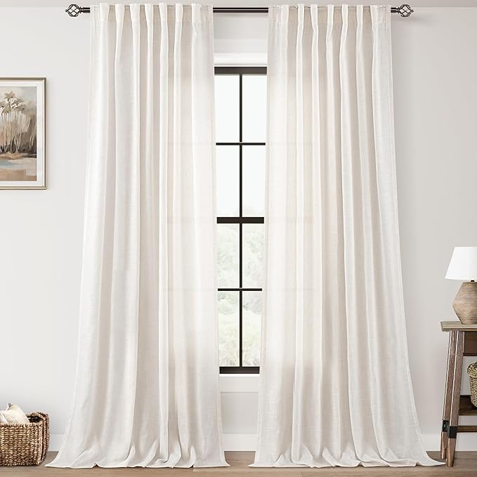Extra Long 144 inch Curtains Linen Blend for Living Room Back Tab Neutral Rustic Farmhouse Light Filtering Semi Sheer Linen Drapes 144 inch Ceiling to Floor For Large Window Villa Hallway Ivory 12 FT