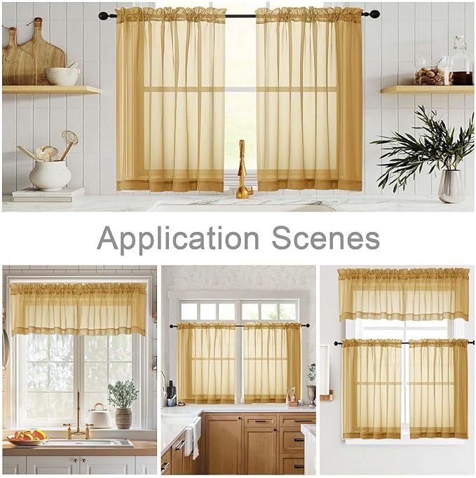 Cafe Curtains 36 Inch Length Tier 2 Pieces, Modern Soft Airy Sheer Kitchen Short Curtains for Small Window, Rod Pocket Small Curtain for Bathroom Basement, Gold, Each, 42" Wx36 L Inches