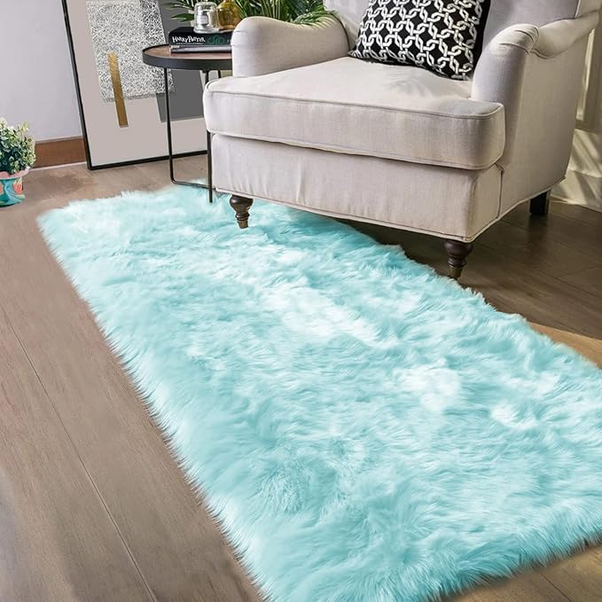 Latepis Light Blue Fluffy 2x6 Rug Runner Teal Shag Washable Area Rugs Faux Fur Rug for Living Room Bedroom Throw Rugs Room Carpet Room Decor