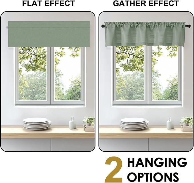 OWENIE Bob 1 PCS Green Valances for Windows, Faux Linen Textured Kitchen Window Curtains Valance for Bedroom Living Room, Modern Soft Airy Solid Rod Pocket Bathroom Cafe Curtain, 60Wx14L Inch