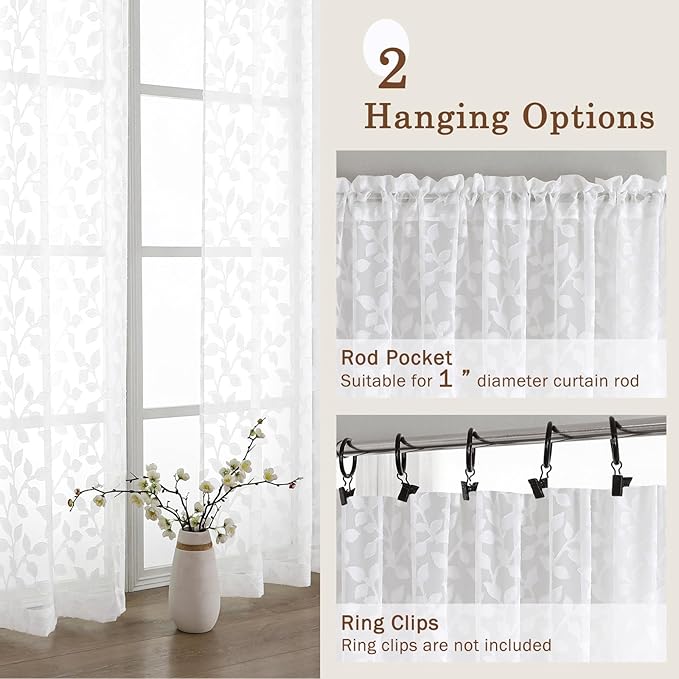 Chyhomenyc White Sheer Curtains 36 Inch Length, Light Filtering Leaf Tufted Textured Small Window Kitchen Curtain Over Sink, Short Half Window Curtains for Bathroom Basement, 30" Wx36 L, 2 Panels