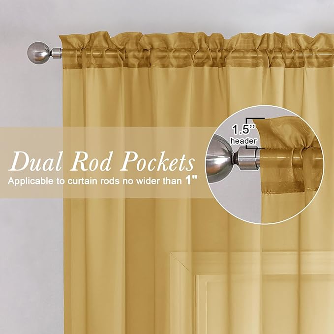 Lecloud Gold Sheer Curtains 84 Inches Long 2 Panels, Light Filtering Airy Voile Window Curtains for Bedroom Living Room, Dual Rod Pocket Elegant Sheer Window Treatments, 40" W x 84" L