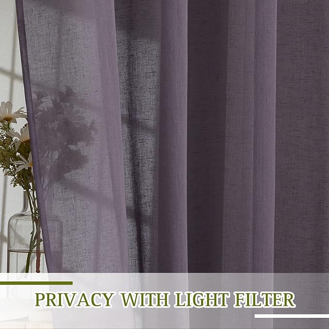NICETOWN Faux Flax Linen Sheer Living Room Curtains, Grommet Elegant Semi Sheer Curtains Privacy Light Filtering Vertical Drapes for Kids Room/Daughter, W52 x L90, Purple Brown, 2 Panels