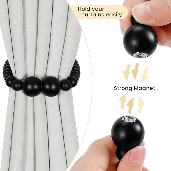 Magnetic Curtain Tiebacks, 6 Pack Curtain Holdbacks for Draperies, Elegant Wood Bead Tie Backs for Bedroom Decor, Boho Room Decor, Nursery Decor, Farmhouse Decor