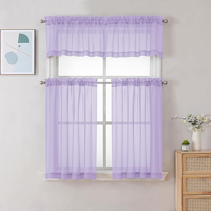 Gwine Lilac Sheer Curtain Tiers 24 Inch Length, Light Filtering Voile Short Curtain for Living Room Bedroom, Rod Pocket Cafe Curtains for Small Windows 42x24 Inch, 2PCS