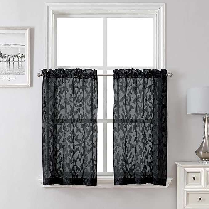 Lecloud Leia Black Sheer Kitchen Curtains 36 Inch Length 2 Panels, Jacquard Leaf Textured Voile Short Curtains, Dual Rod Pocket Semi Sheer Tiers for Bathroom Bedroom Living Room, 28" W x 36" L