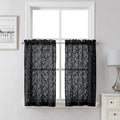 Lecloud Leia Black Sheer Kitchen Curtains 36 Inch Length 2 Panels, Jacquard Leaf Textured Voile Short Curtains, Dual Rod Pocket Semi Sheer Tiers for Bathroom Bedroom Living Room, 28" W x 36" L