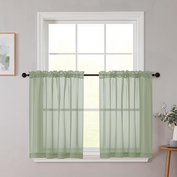 Sage Green Kitchen Curtains 30 Inch Length Tier 2 PCS, Solid Soft Half Curtains for Windows, Sage Green Sheer Rod Pocket Drapes for Bathroom Basement Small Window Curtain, 42" Wx30 L Inches