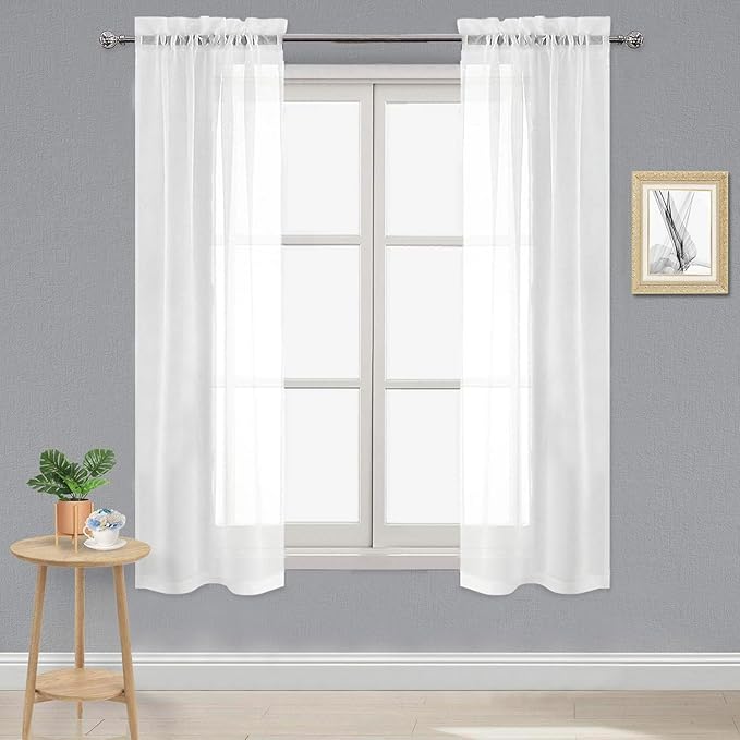 DWCN White Sheer Curtains 63 inch Length 2 Panels Set, Elegant Solid Color Kitchen Curtain for Small Window, Voile Top Dual Rod Pocket Curtains & Drapes for Living Room/Bedroom, 2pcs, Each W28 x L63