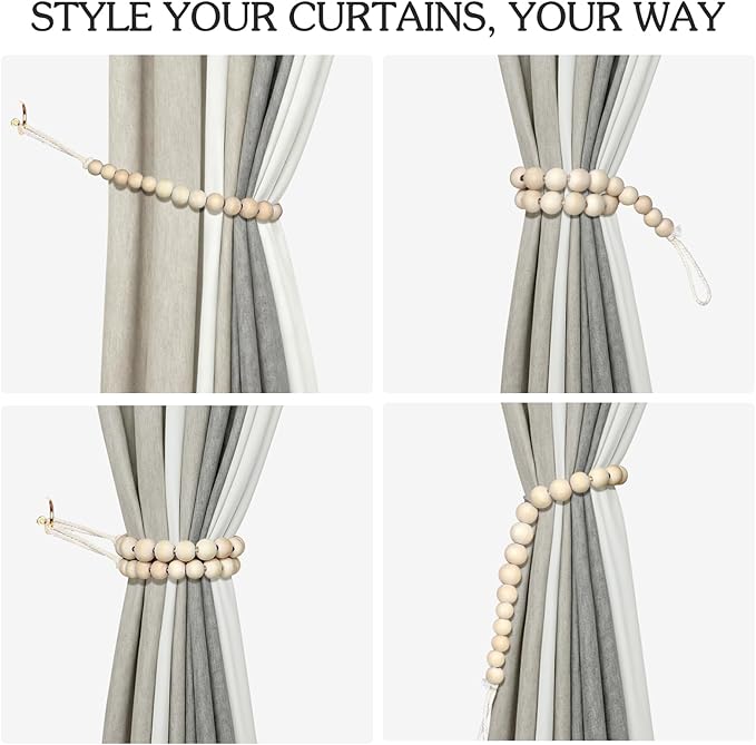Hion 6 Pcs Boho Curtain Tiebacks,Wood Beads Curtain Holdbacks,Outdoor Farmhouse Tie Backs for Curtains,Curtain Holders for Drapes Home Office Room Decor with Hooks No Drilling(Wood Color)