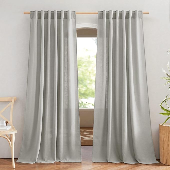 NICETOWN Linen Gray Curtains for Bedroom, Rod Pocket & Back Tab Flax Linen Burlap Semi Sheer Eclectic Window Treatments Privacy with Light Filtering for Boys Room/Living Room, W52 x L95