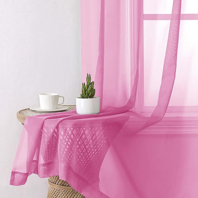 Lecloud Hot Pink Sheer Curtains 54 Inch Length 2 Pcs, Solid Color Voile Modern Farmhouse Decor Bedroom Curtains for Living Room, Rod Pockets Airy Window Treatment Drapes, Each Panel 42" W x 54" L