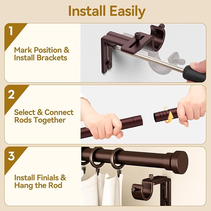 YaFex Curtain Rods 32-84 Inch, Heavy Duty 1 Inch Adjustable Curtain Rod for Windows, Bronze Long Window Treatment Rods, Modern Design, Easy Installation