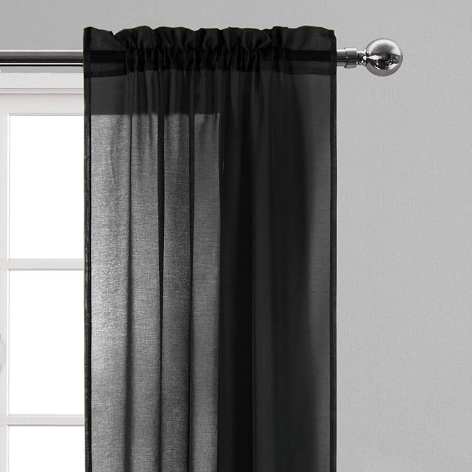 DWCN Black Sheer Curtains Semi Transparent Voile Rod Pocket Curtains for Bedroom and Living Room, 42 x 45 inches Long, Set of 2 Panels