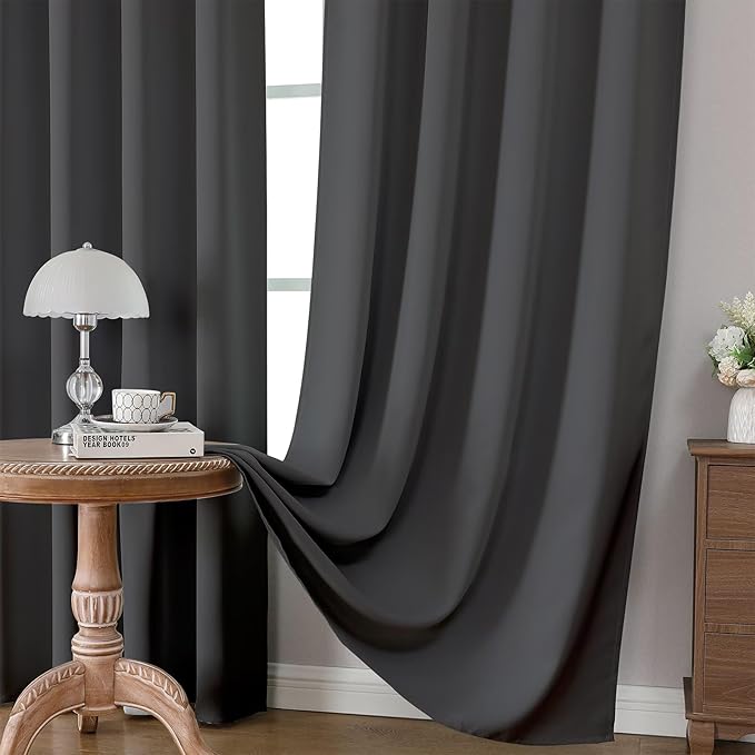 CUCRAF Dark Grey Blackout Curtains 72 inch Length 2 Panels Set, Rod Pocket Room Darkening Drapes for Bedroom Living Room, Insulated Thermal Light Blocking Window Curtain (W52 x L72 Inch)