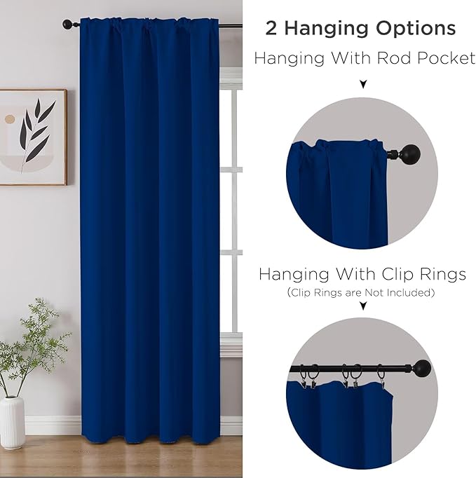CUCRAF Royal Blue Blackout Curtains 63 inch Length 2 Panels Set, Rod Pocket Room Darkening Drapes for Bedroom Living Room, Insulated Thermal Light Blocking Window Curtain (W52 x L63 Inch)