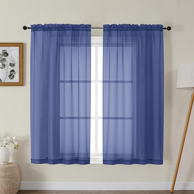 Gwine Royal Blue Sheer Curtains for Bedroom 54 inches Long 2 Panels, Light Filtering Voile Rod Pocket Curtains, Airy Transparent Sheer Drapes for Living Room, Each 42" Wx54 L