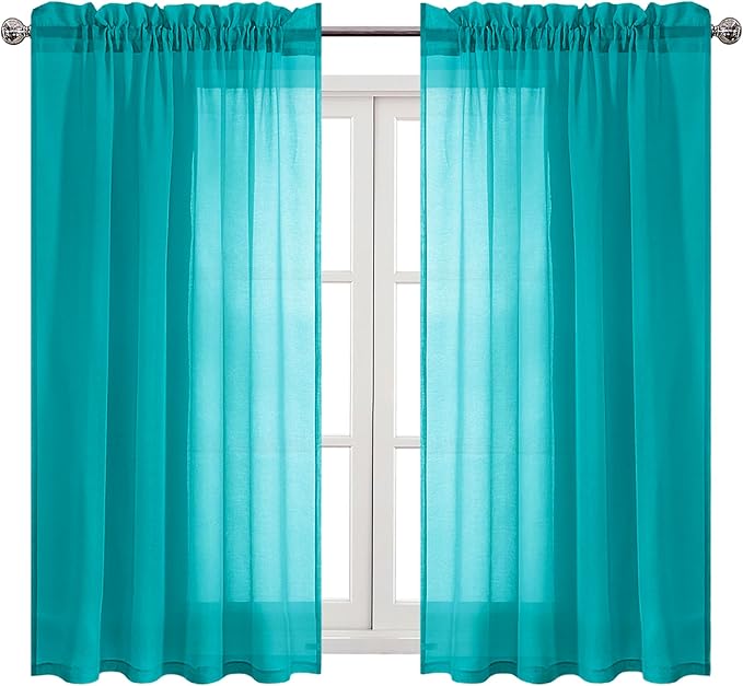 DWCN Turquoise Sheer Curtains Semi Transparent Voile Rod Pocket Curtains for Bedroom and Living Room, 52 x 54 inches Long, Set of 2 Panels