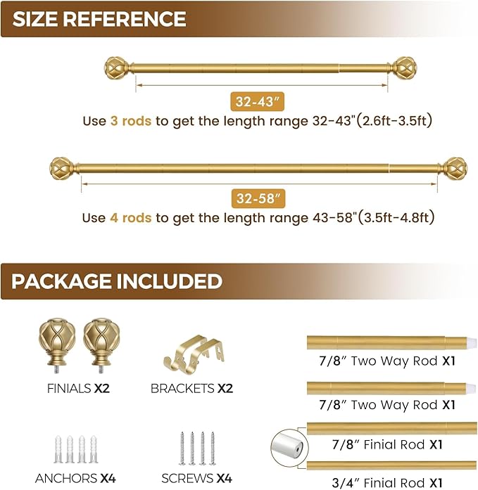 KAMANINA Gold Curtain Rod 32 to 58 Inch(2.6-4.8Ft), 7/8 Inch Single Adjustable Curtain Rods for Windows 28 to 48, Decorative Drapery Rods with Netted Texture Finials