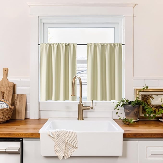 RYB HOME 100% Blackout Basement Curtains 30 inches Long, Heat & UV Blocking Total Room Darkening Noise Reducing Curtains for Bathroom RV Campers, Beige, 2 Panels Set