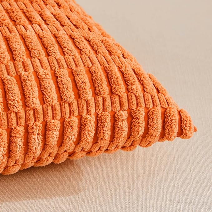 Fancy Homi 4 Packs Orange Fall Decorative Throw Pillow Covers 18x18 Inch for Couch Living Room Bed Sofa, Halloween Pumpkin Autumn Home Decor, Soft Cute Plush Corduroy Striped Cushion Case 45x45 CM