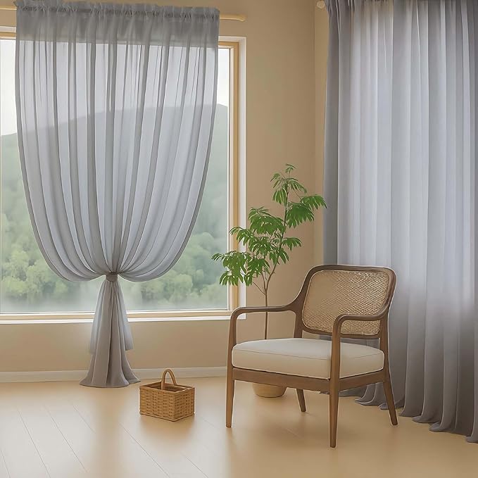 Grey Sheer Curtains for Windows 108 inches Long 2 Panels Set, Soft Airy Lightweight Drapes for Living Room Bedroom, Dual Rod Pocket Sheer Curtains, Charcoal Grey, 2x42Wx108L inches