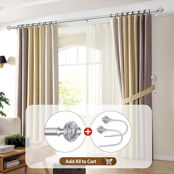 Curtain Rod 32 to 58 Inches (2.6-4.8ft), USFOOK 7/8 inch Telescoping Splicing Curtain rods for Windows 20 to 54 inches, Silver Decorative Drapery Rods for Home with Translucent Finials