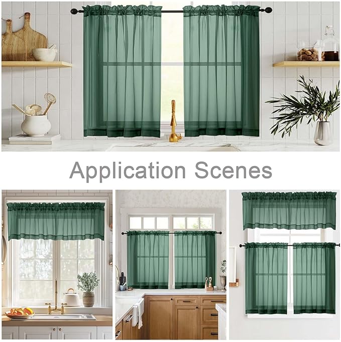 Hunter Green Kitchen Curtains 30 Inch Length Tier 2 PCS, Solid Soft Half Curtains for Windows, Hunter Green Sheer Rod Pocket Drapes for Bathroom Basement Small Window Curtain, 42"Wx30"L Inch