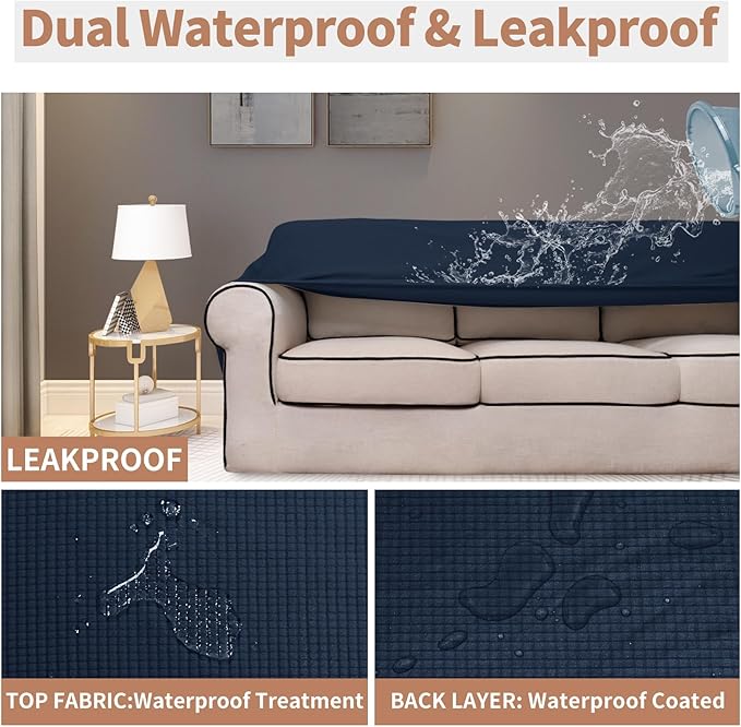 Easy-Going 100% Waterproof Chair Couch Cover, Dual Waterproof Sofa Cover, Stretch Jacquard Sofa Slipcover, Leakproof Furniture Protector for Kids, Pets, Dog and Cat (Chair, Dark Blue)