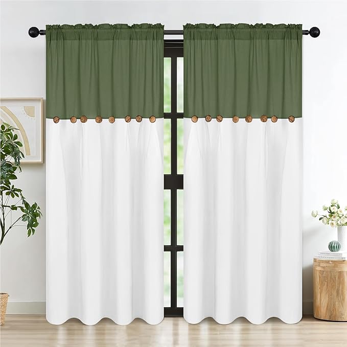 FRAMICS Farmhouse Cotton Linen Curtains for Living Room, Rustic Button Curtains 84 Inch Length 2 Panels, Boho Linen Window Curtain for Bedroom Rod Pocket Drapes, 52 x 84 Inch, Olive Green and White