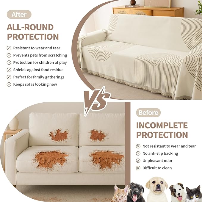 Boho Sofa Covers for 3 Cushion Couch, Chenille Sofa Slipcover for Pets Washable, L-Shape Sectional Loveseat Cover Soft Throw Blankets with Tassels(91x134,Arc Beige)