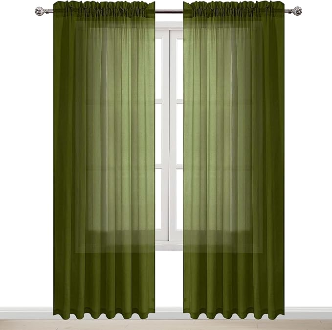 DWCN Olive Green Sheer Curtains Semi Transparent Voile Rod Pocket Curtains for Bedroom and Living Room, 70 x 84 inches Long, Set of 2 Panels