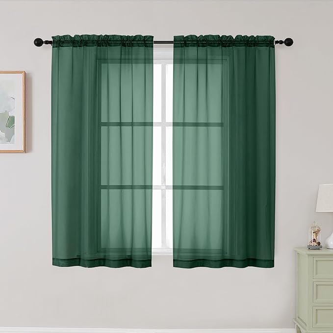 Hunter Green Sheer Curtains for Bedroom Living Room 45 Inch Length 2 Panels, Soft Alight Filtering Small Kitchen Window Curtains, Rod Pocket Short Curtain Drapes, 42" Wx45 L Inches