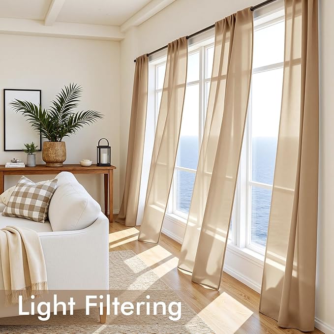 MIULEE Brown Sheer Curtains 90 Inches Long, 4 Panels Set, Rod Pocket Voile Drapes Light Filtering and Semi Transparent, Elegant Window Treatments for Bedroom Living Room,42 x 90 Inches