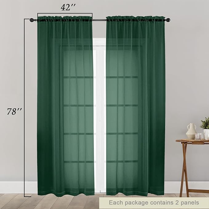 Hunter Green Sheer Curtain for Bedroom Living Room 78 Inches Long 2 Panels Set, Solid Soft Airy Light Filtering Sheer Window Curtains, Modern Rod Pocket Door Curtain, 42" Wx78 L Inches